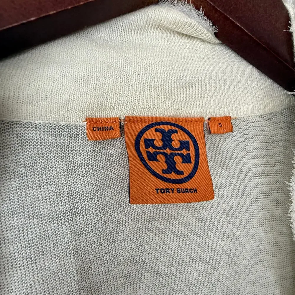 Tory Burch Open Front Long Cardigan Linen Cotton Sequin Thin Knit Sweater Sz Sml
